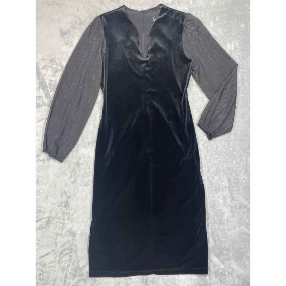 Connected Velvet Dress 6 Black V-Neck Ruched Sheath Long Sheer Sleeve